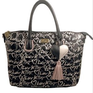 Betsy Johnson Luv Betsy Weekender Black White Quilted Faux Leather Logo Tote Bag